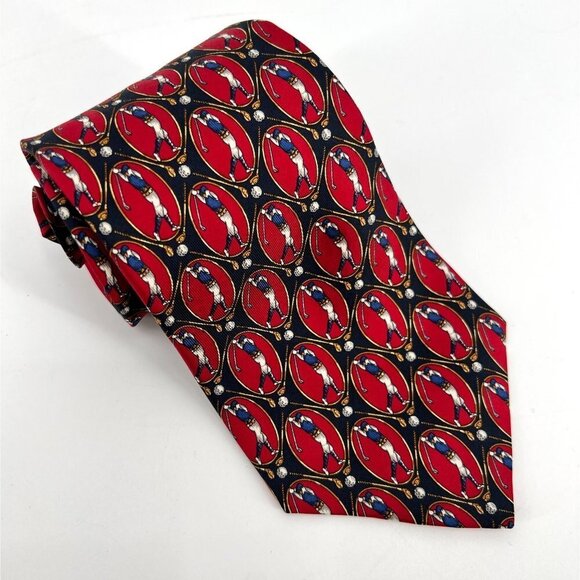 Tommy Hilfiger Golf Tie Red with‎ Golfers 100% Italian Silk - Picture 1 of 5